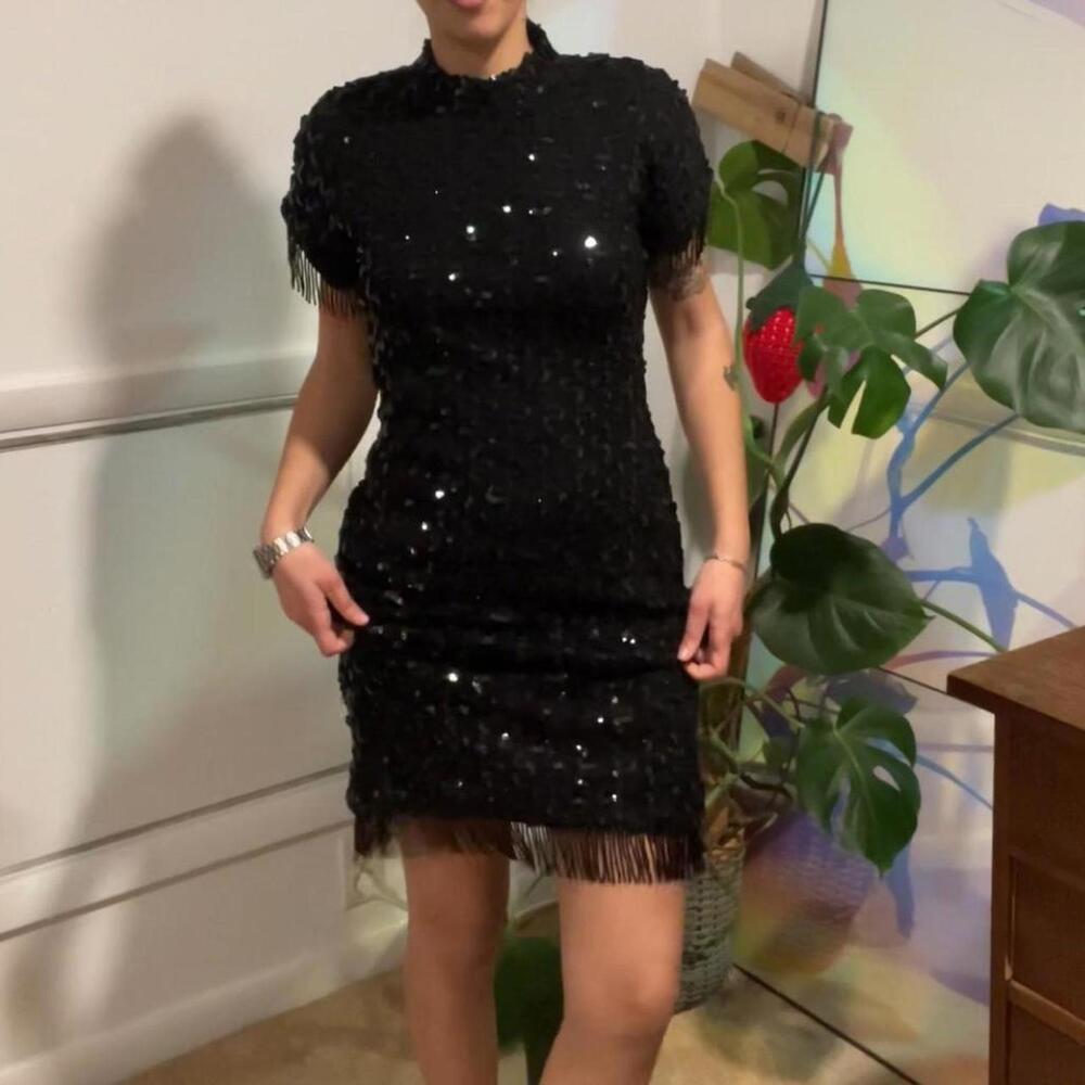 vintage Black sequin knee length dress with fringe detail